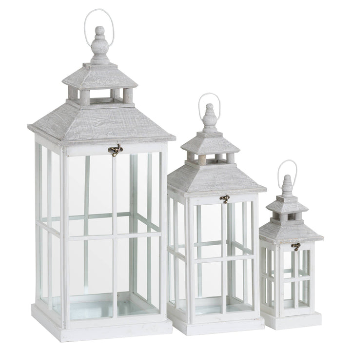 Set Of 3 White Window Style Lanterns With Open Top - Modern Rattan Ltd