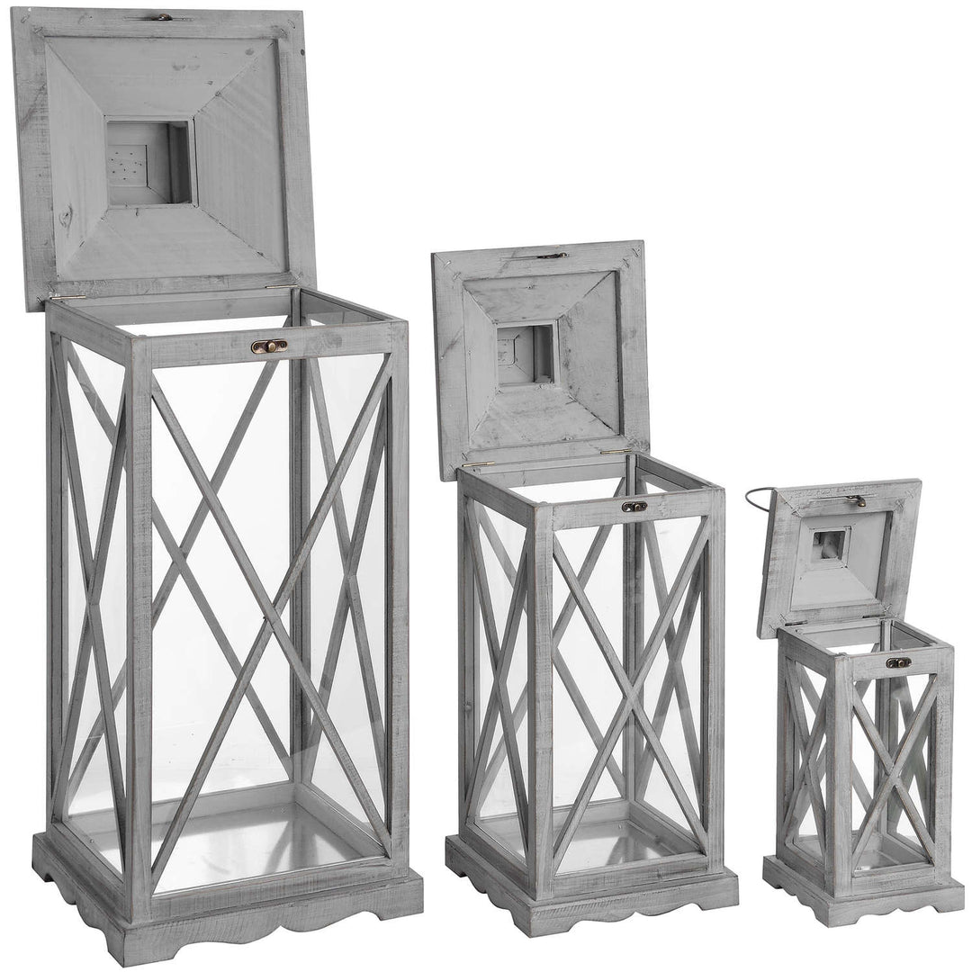 Set Of Three Wooden Lanterns With Traditional Cross Section - Modern Rattan Ltd