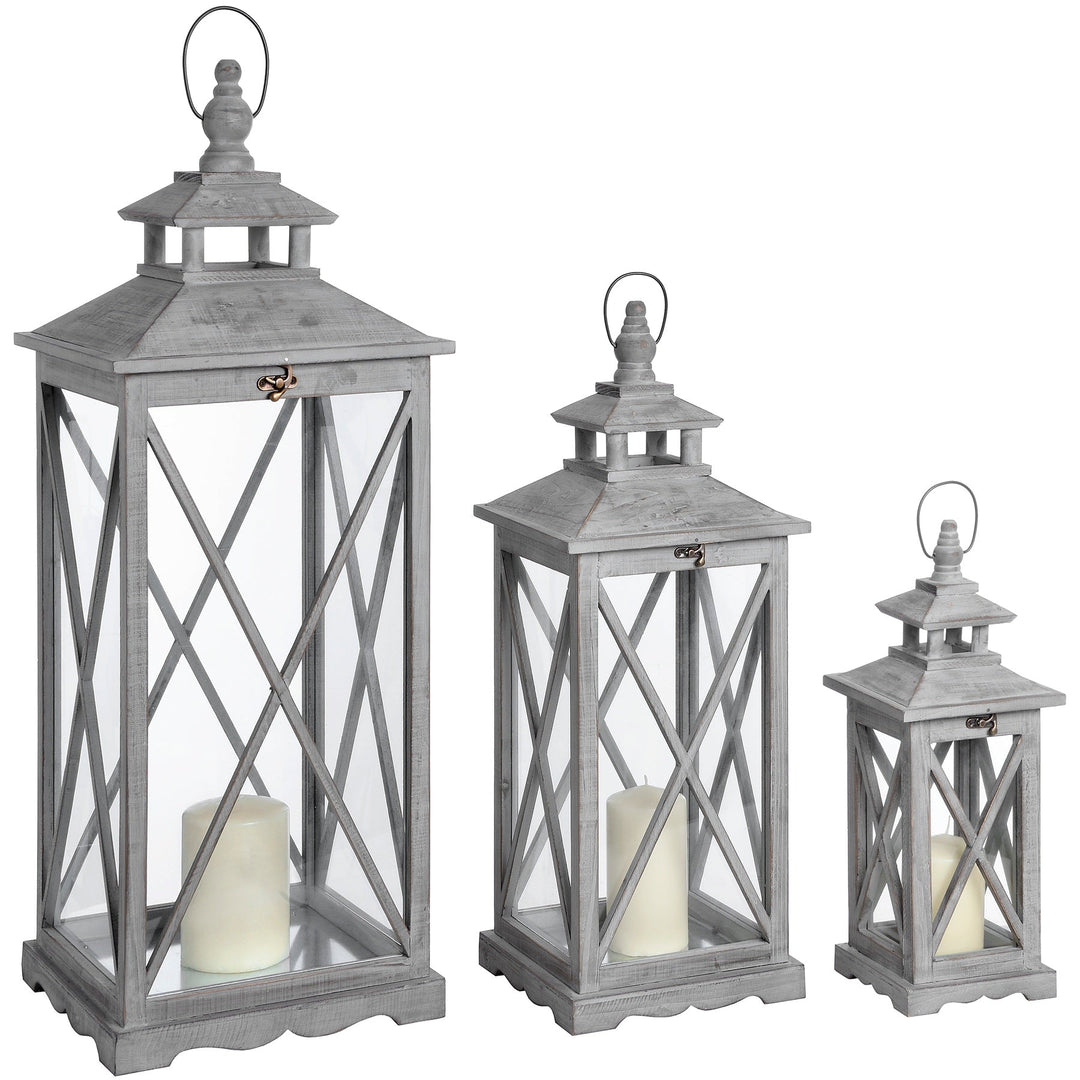 Set Of Three Wooden Lanterns With Traditional Cross Section - Modern Rattan Ltd