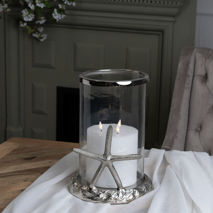 Silver Starfish Candle Hurricane Lantern - Modern Rattan Ltd