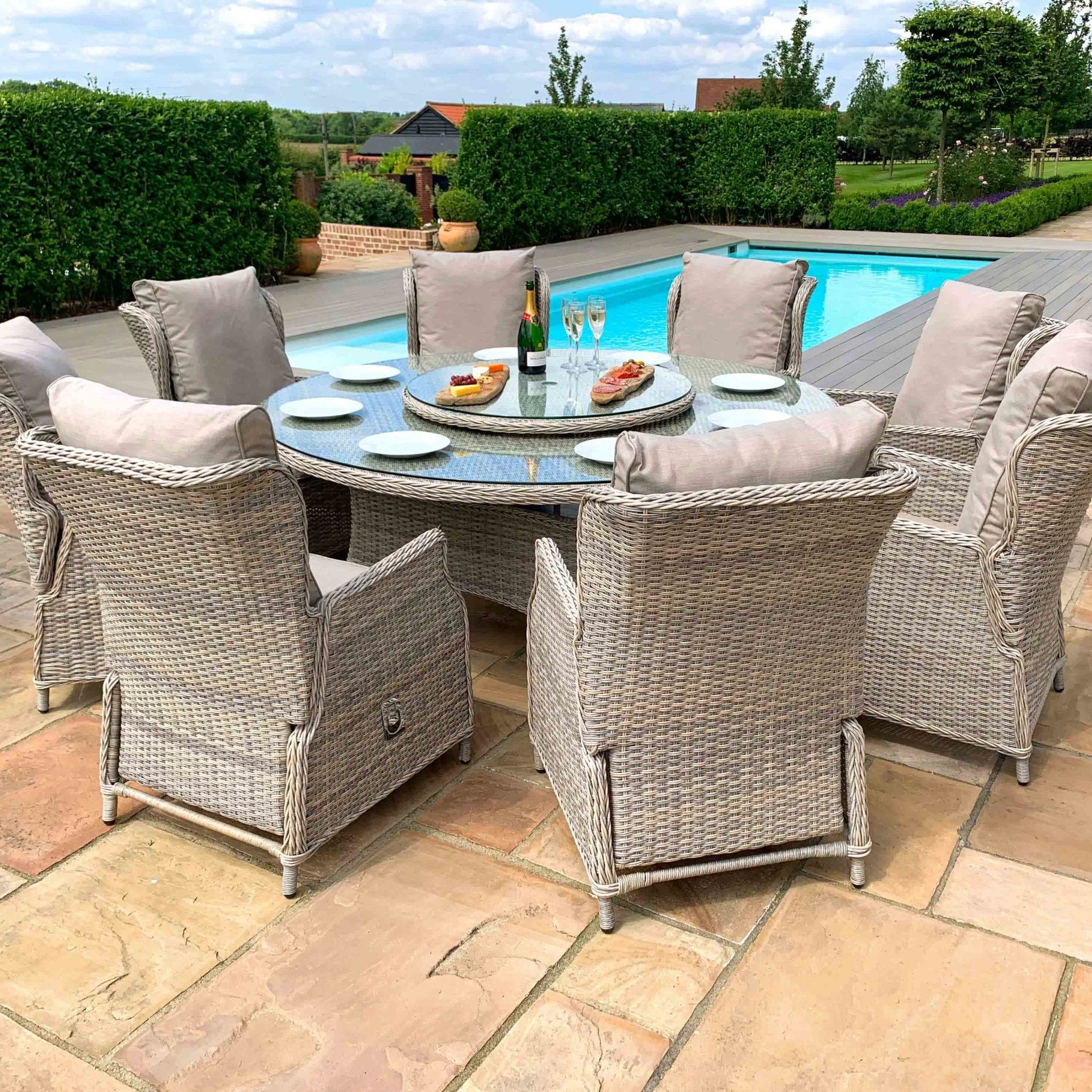 Maze Cotswold Reclining 8 Seat Round Dining Set with woven Lazy Susan